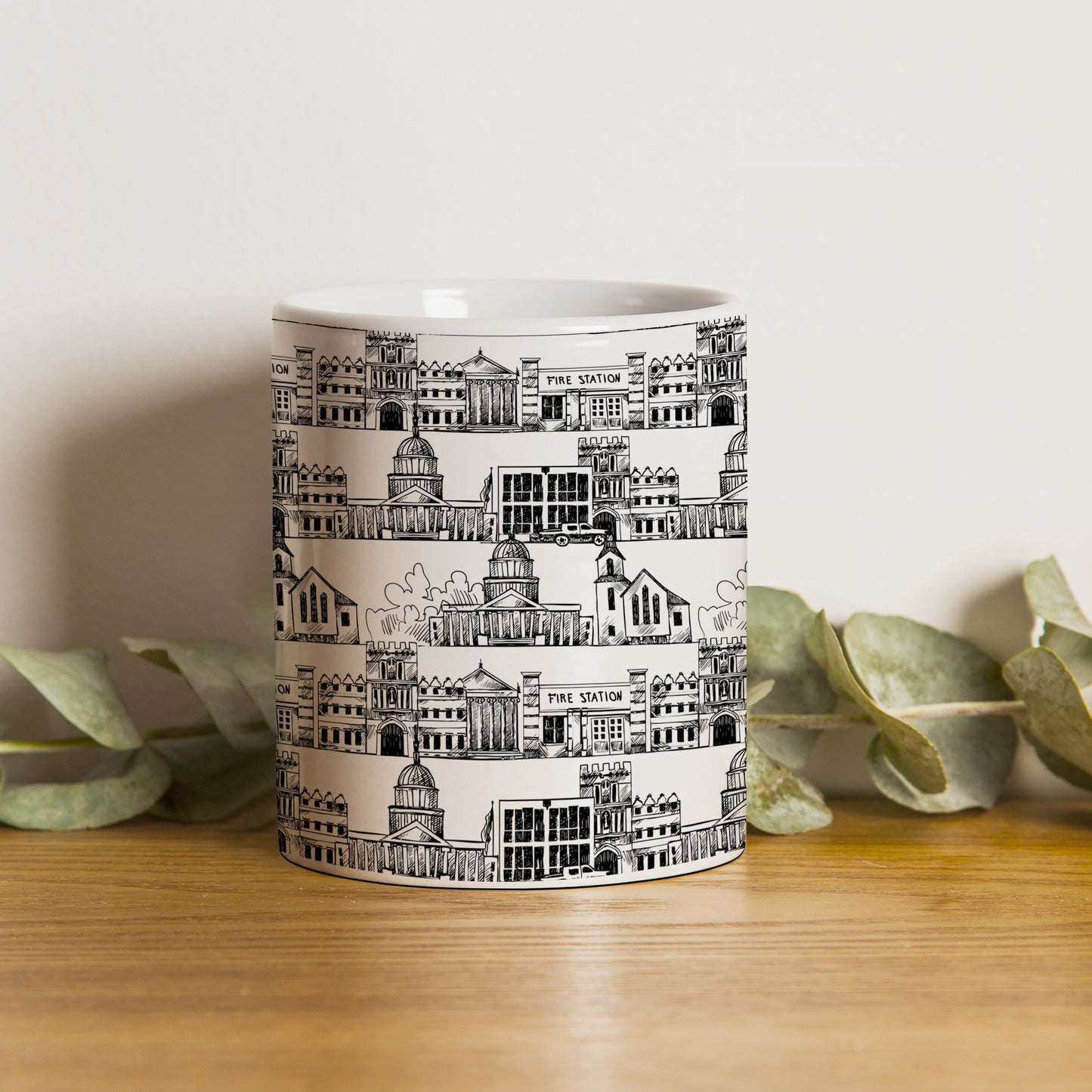 Black in white hand drawing city design White 330 ml Coffee Mug