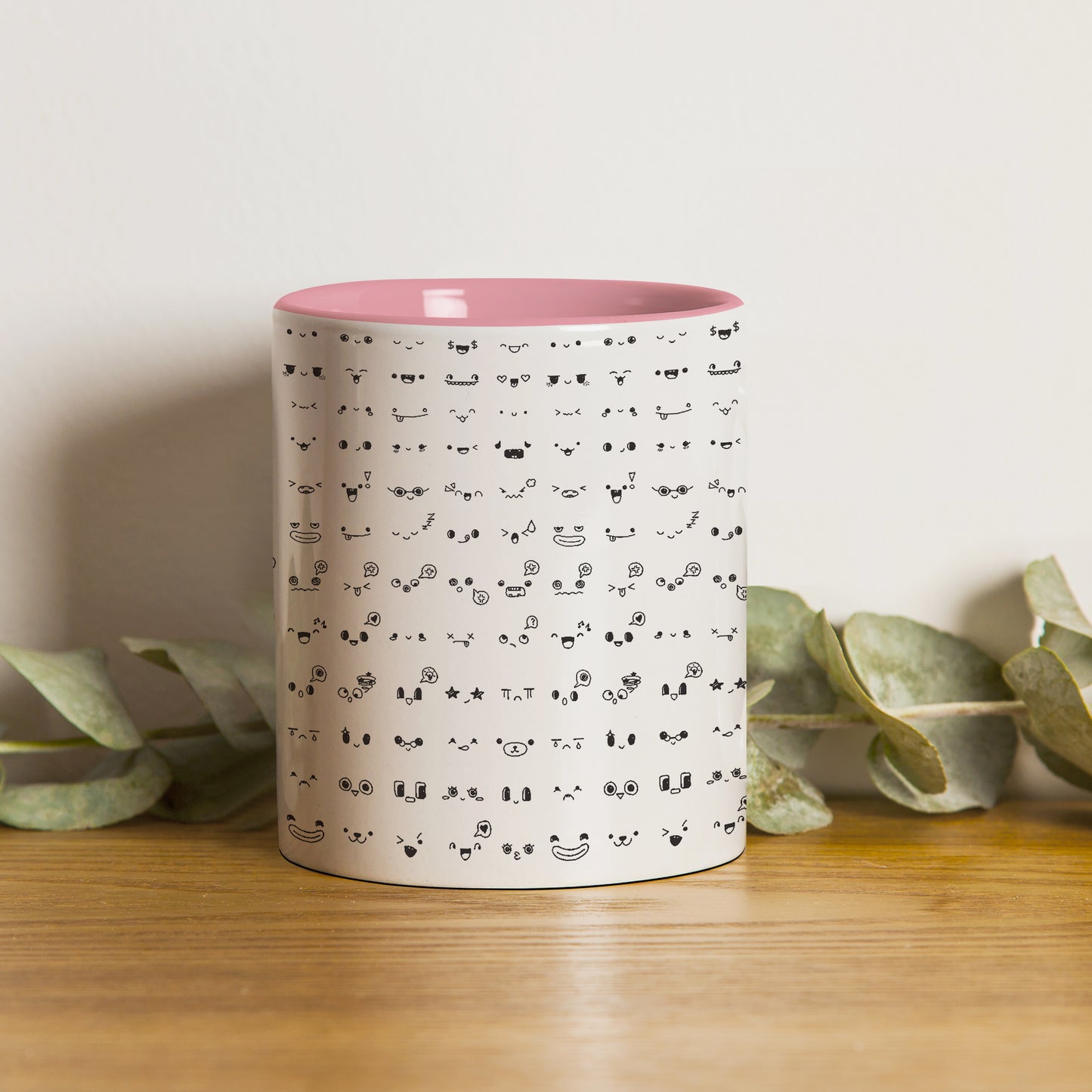 Kawaii faces doodle art design Pattern Lite Pink Handle 330 ml Coffee Mug