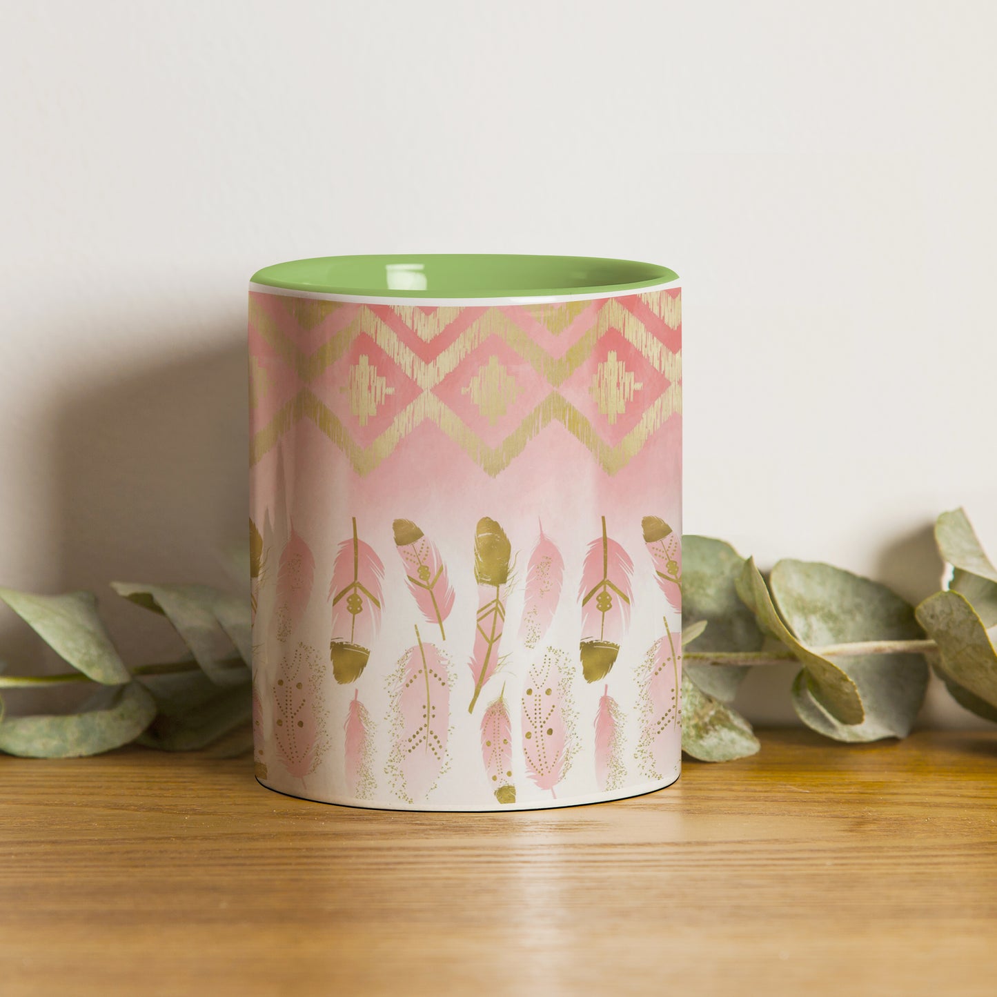 pink plumas design Pattern Lite Green Handle 330 ml Coffee Mug