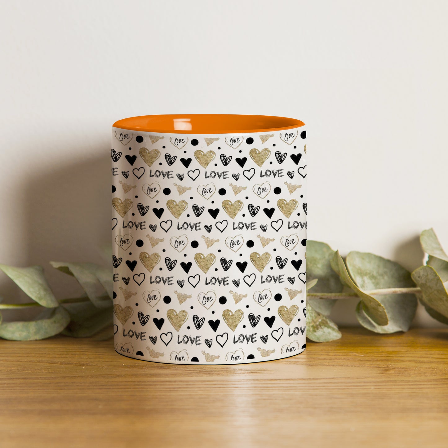 Hand drawn golden and black hearts pattern design Orange Handle 330 ml Coffee Mug