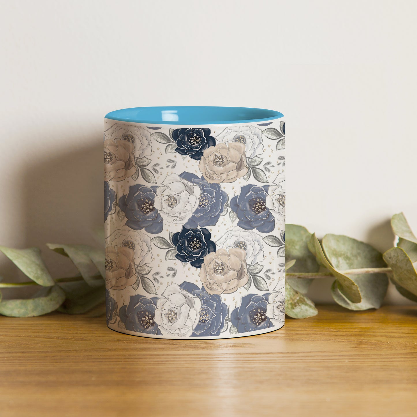 Flowers design Pattern Sky Blue Handle 330 ml Coffee Mug