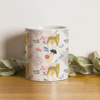 Colorful doodle cheetah and words pattern design White 330 ml Coffee Mug