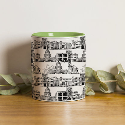 Black in white hand drawing city design Pattern Light Green Handle 330 ml Coffee Mug