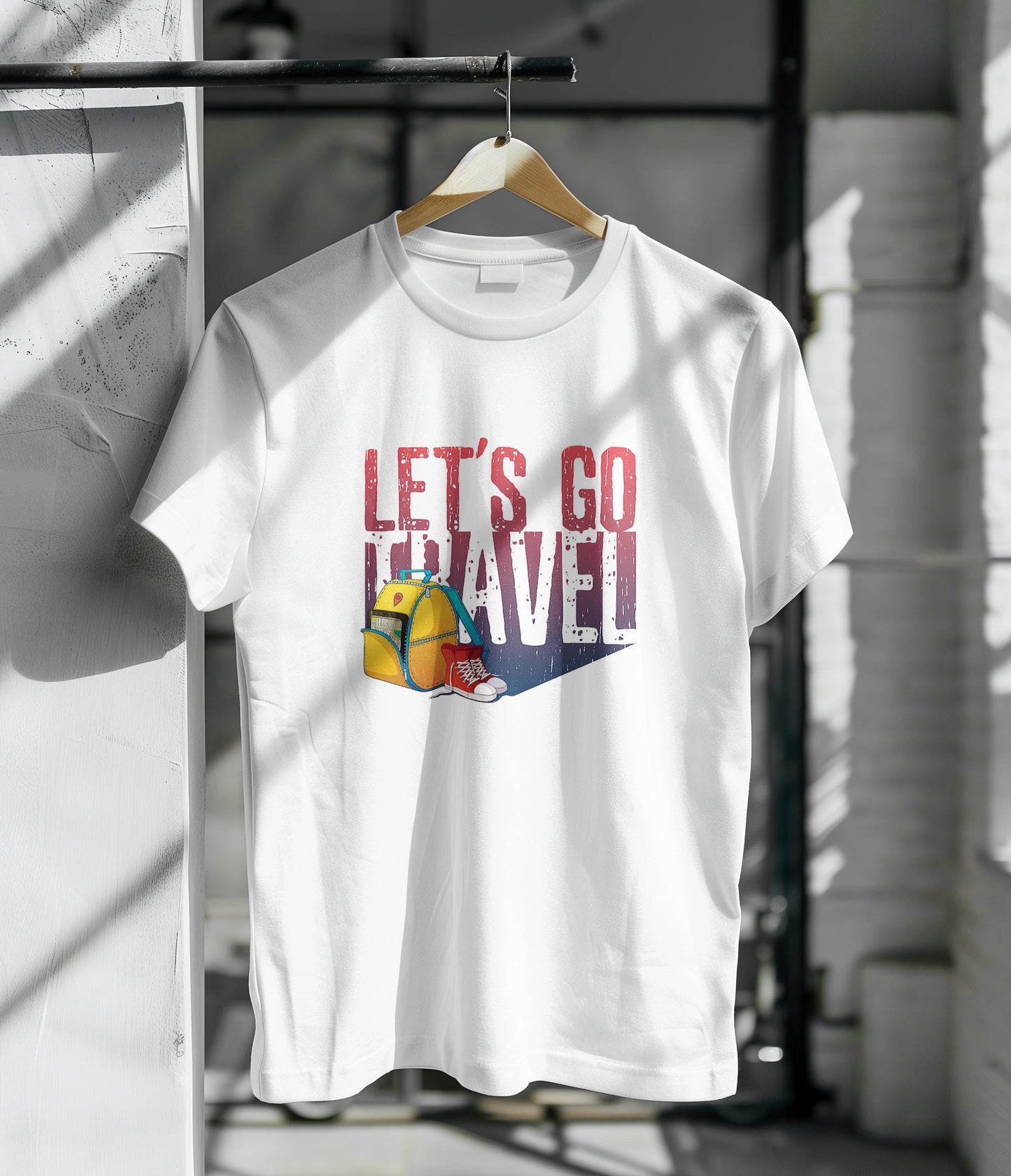 Motivational poster, placard, picture with grunge texture, red sneakers, yellow backpack Printed White Round Neck Polyester T Shirt for Mens and woman's