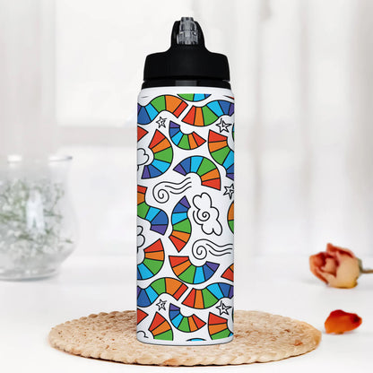 Hand drawn rainbow pattern design Printed Black Nozzle Water Bottle 750 ml For Gym, Yoga, Kids, Boys, Girls, Brother, Sister, Babies, Baby, Workout, Adults