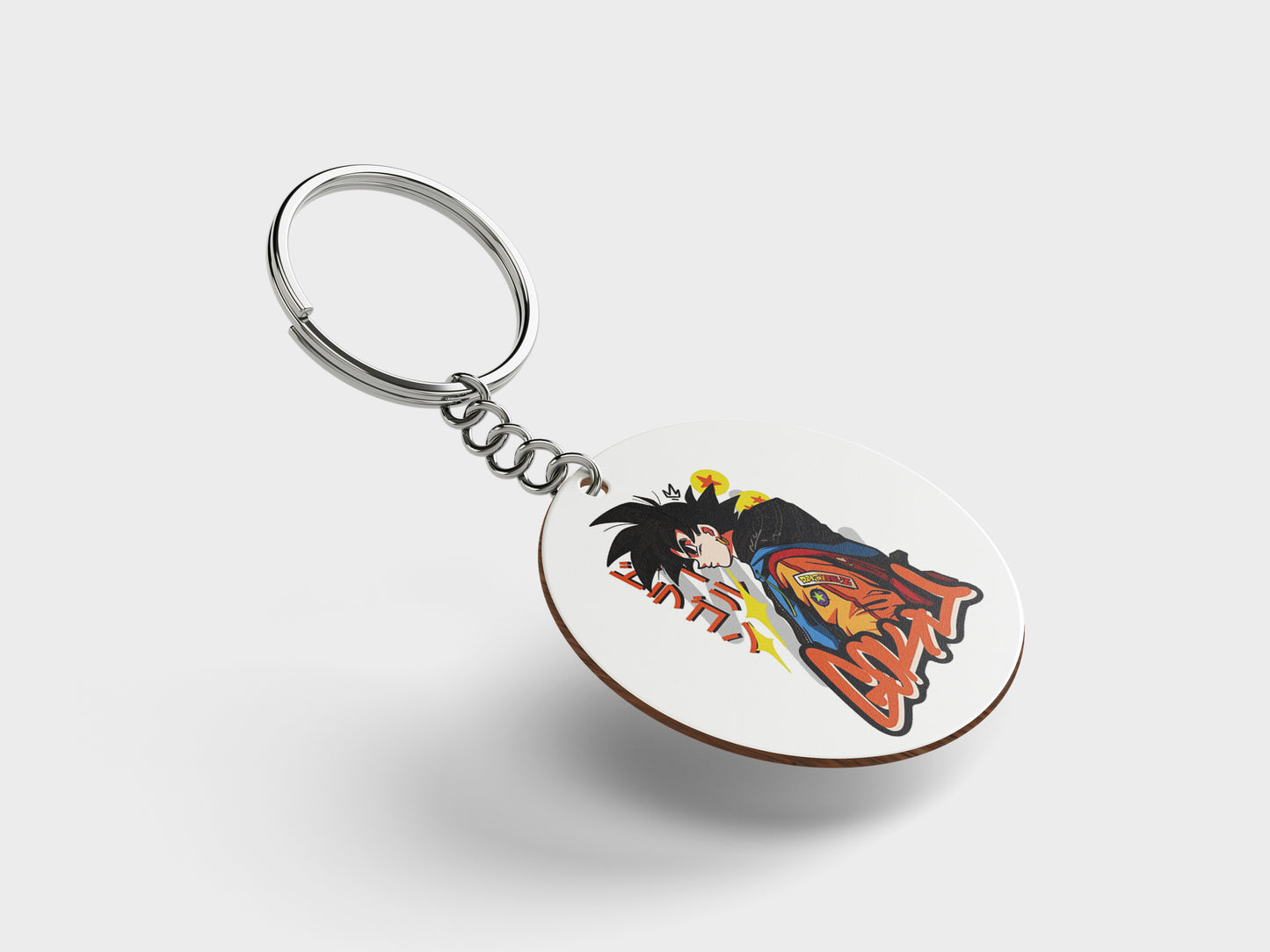 Goku streetwear Sticker Printed Circle Shape Wooden Keyring with Chain