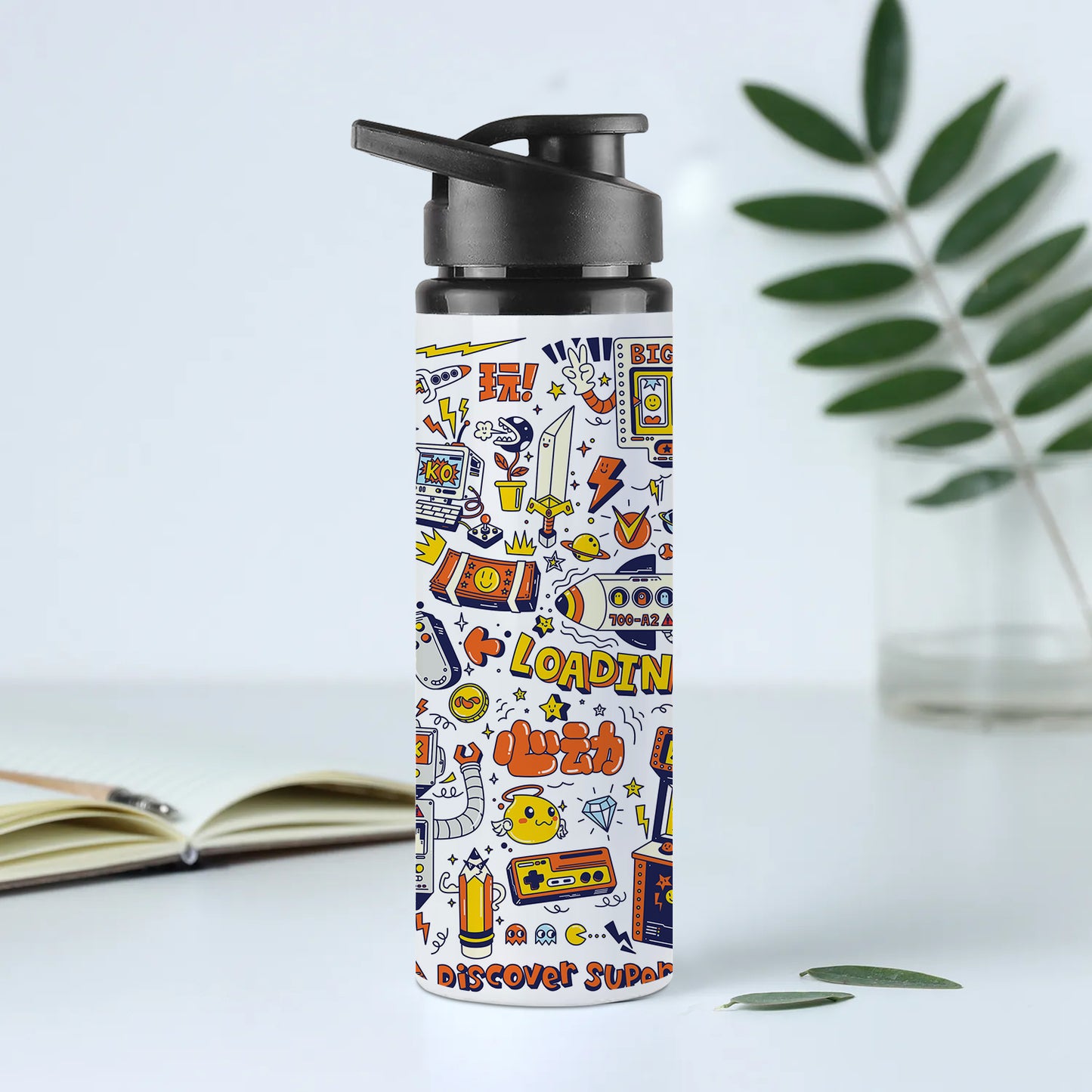 Game city colorful doodle art Printed Eagle Shape Water Bottle 750 ml For Gym, Yoga, Kids, Boys, Girls, Brother, Sister, Babies, Baby, Workout, Adults