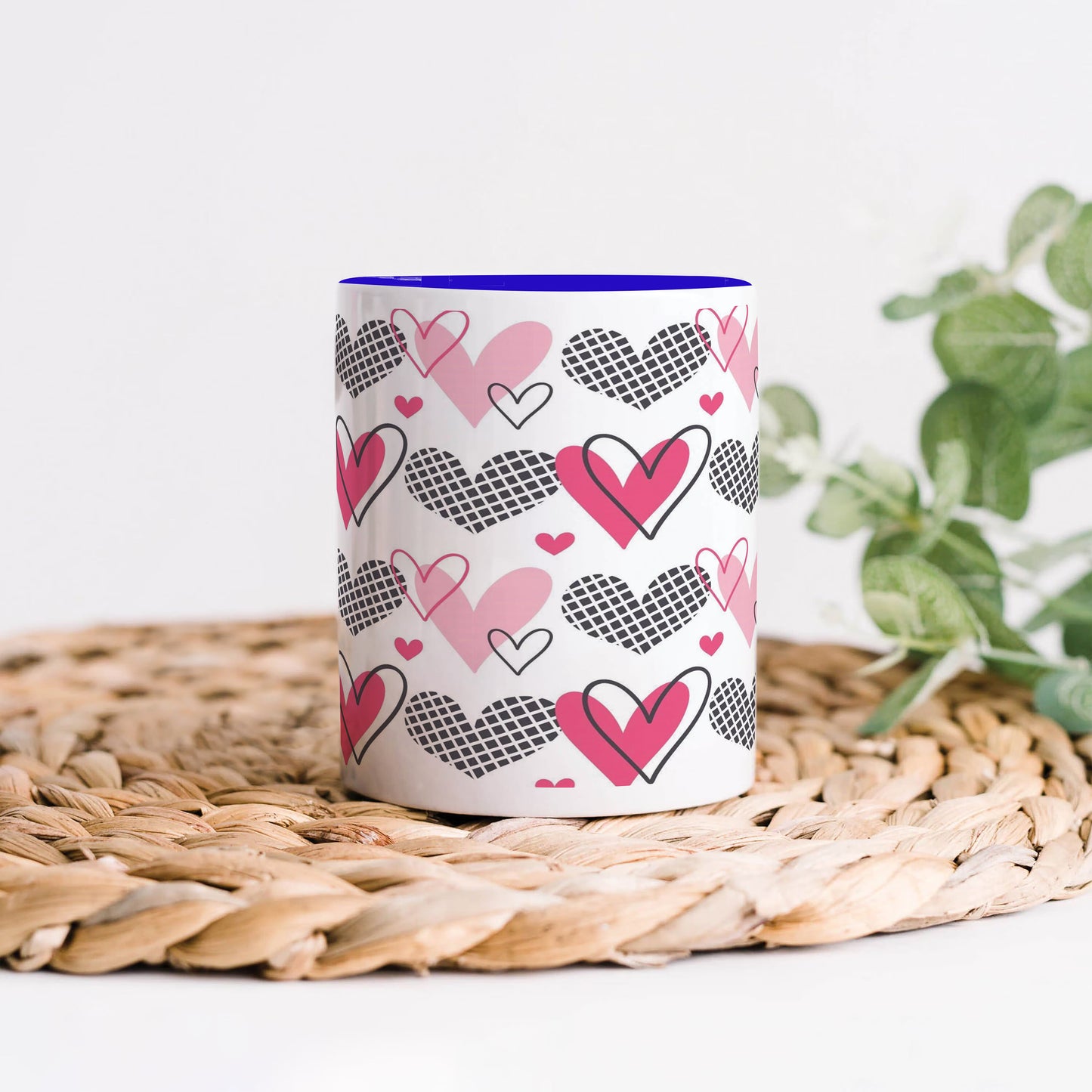 Hearts Pattern design Dark Blue Handle 330 ml Coffee Mug