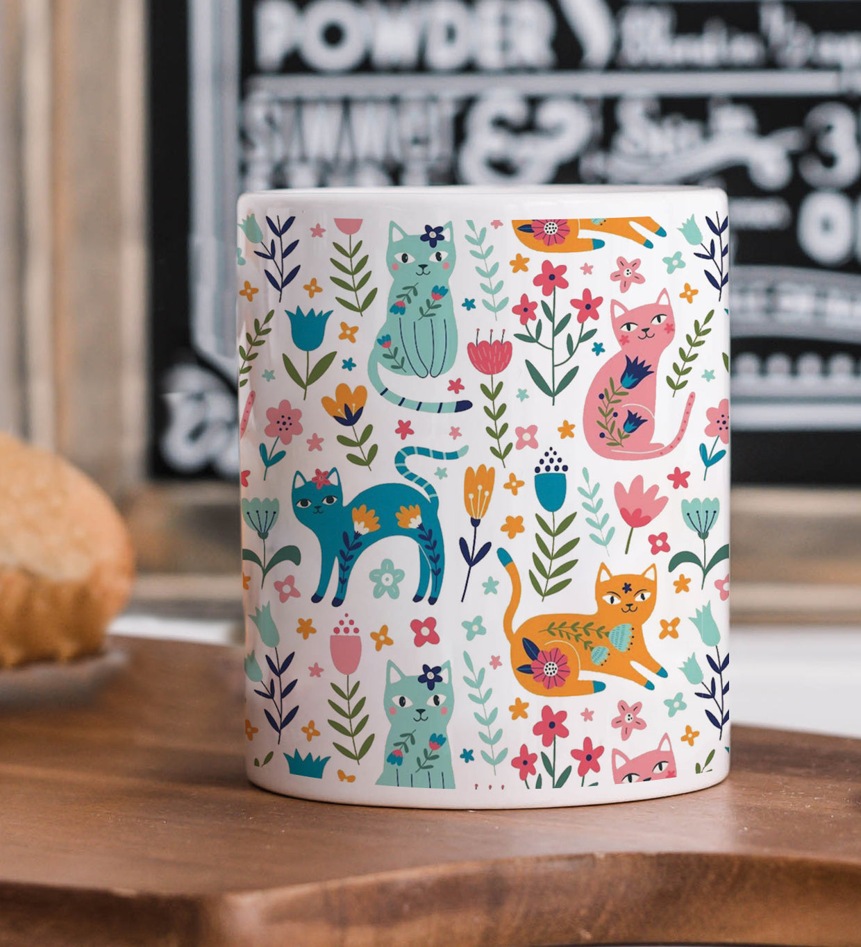 Vector seamless pattern with flowers and cats Cute Flower  White 330 ml Coffee Mug