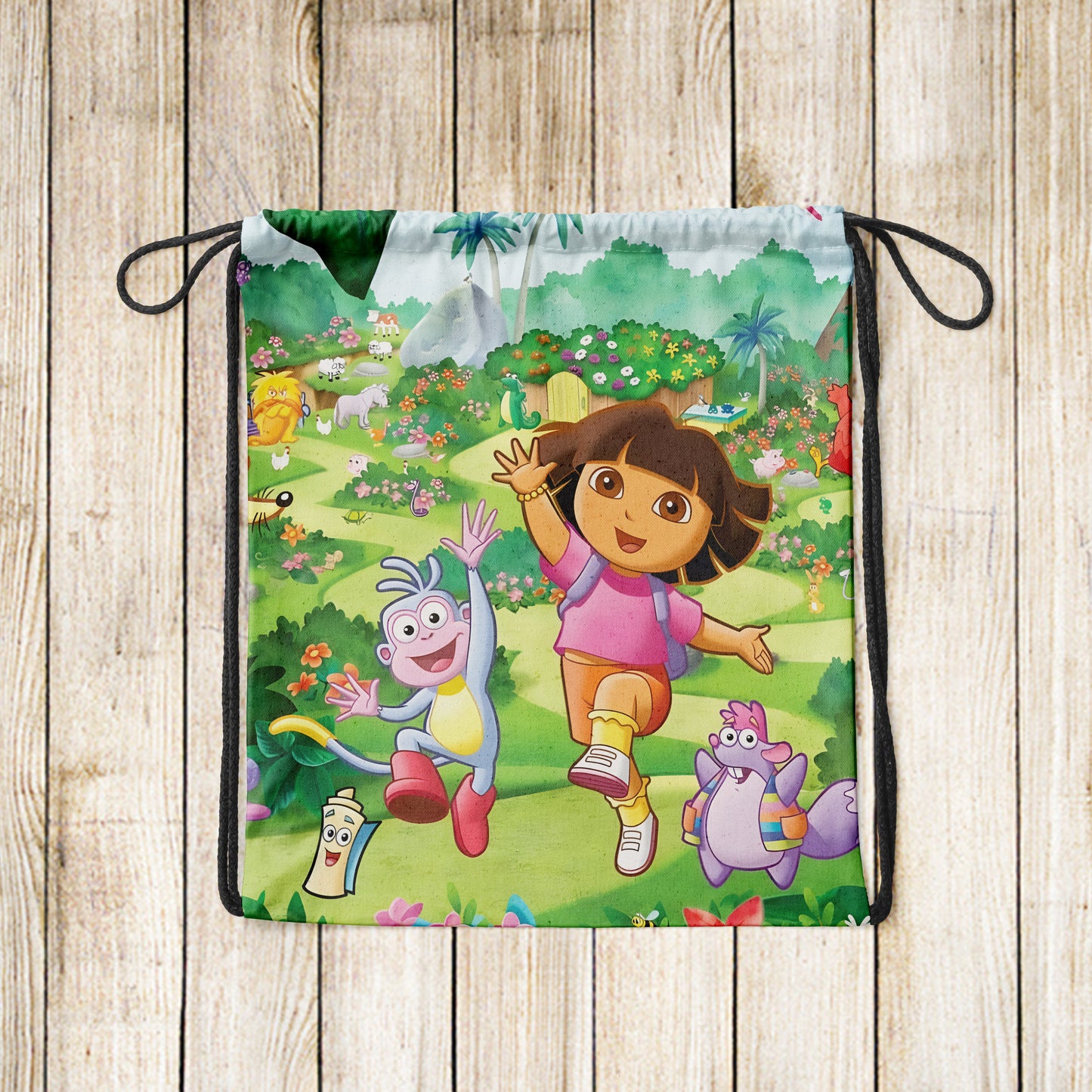 Dora The Explorer Scenery Pattern Polyester String Backpack Bags for kids for Gym, Yoga, Tuition ,Beach Bag for 4-10 year boys and girls