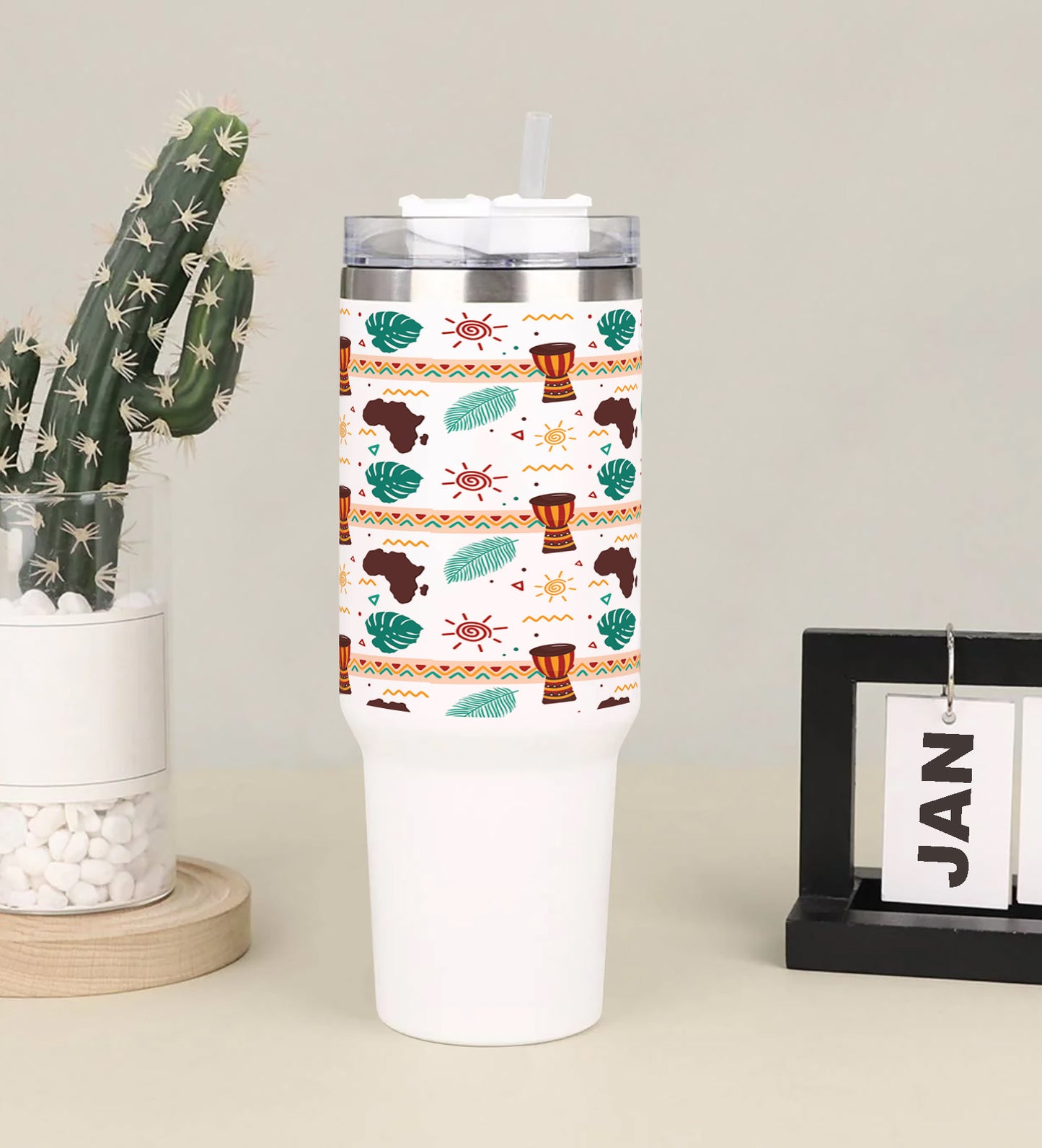 Flat african pattern design Printed 850ML with Lid Leak Proof Big Travel Tumbler with Handle and Straw