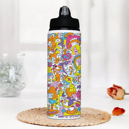 A colorful illustration of a group of people with different faces and the words Printed Black Nozzle Water Bottle 750 ml For Gym, Yoga, Kids, Boys, Girls, Brother, Sister, Babies, Baby, Workout, Adults