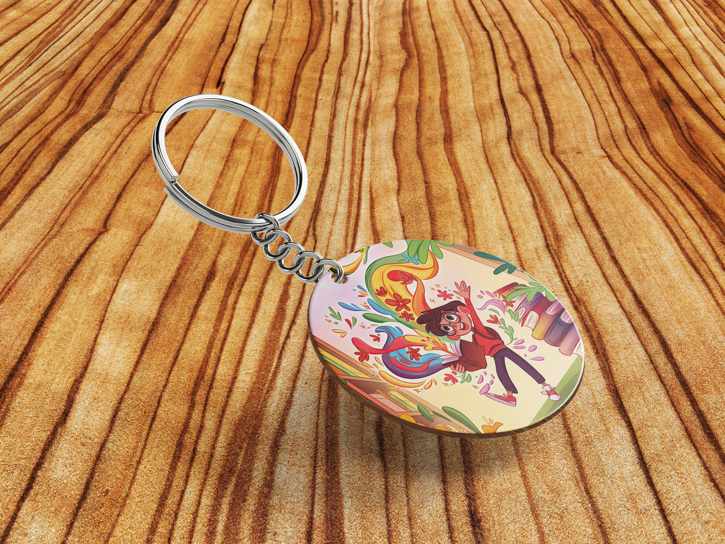 Colorful School Library Books Printed Round Circle Shape Wooden Keyring with Chain