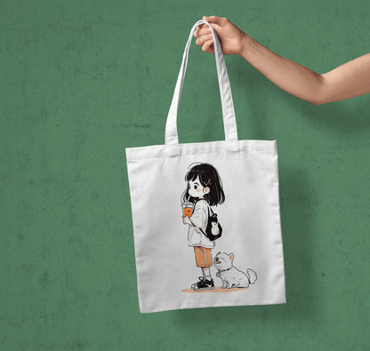 Cute girl and dog Design Tote Bag (14 X 16 Inches) Tote bag For Shopping, College, Travel