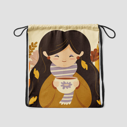 Women Drinking Tea Design Polyester String Backpack Bags for kids for Gym, Yoga, Tuition ,Beach Bag for 4-10 year boys and girls