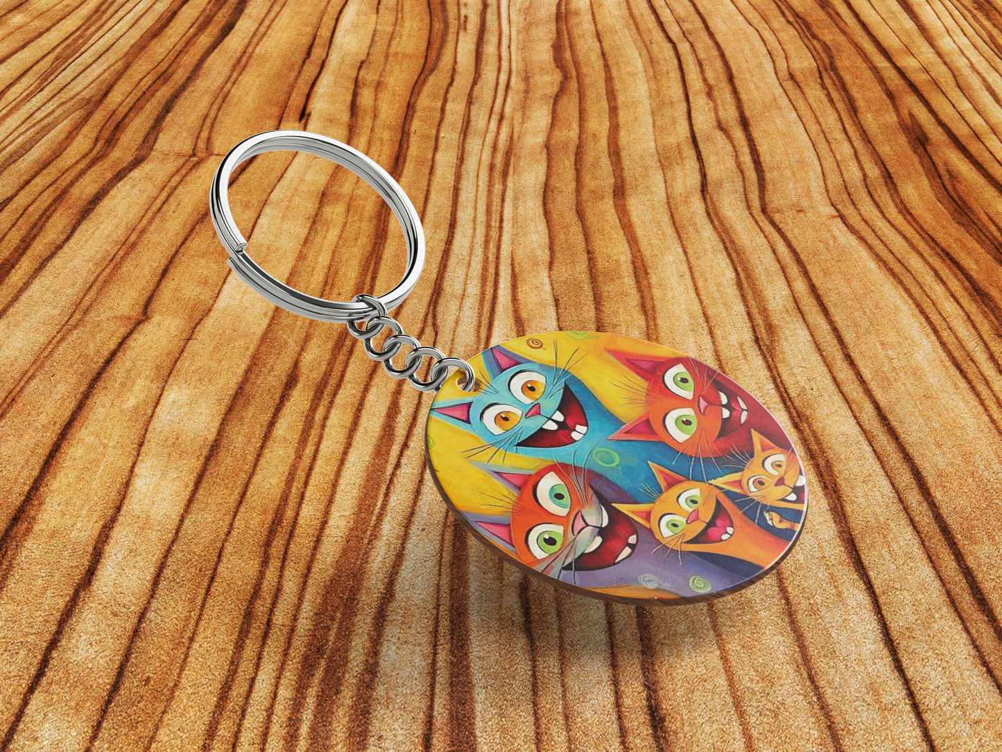 Cartoon cat group watercolor Artwork Printed Round Circle Shape Wooden Keyring with Chain