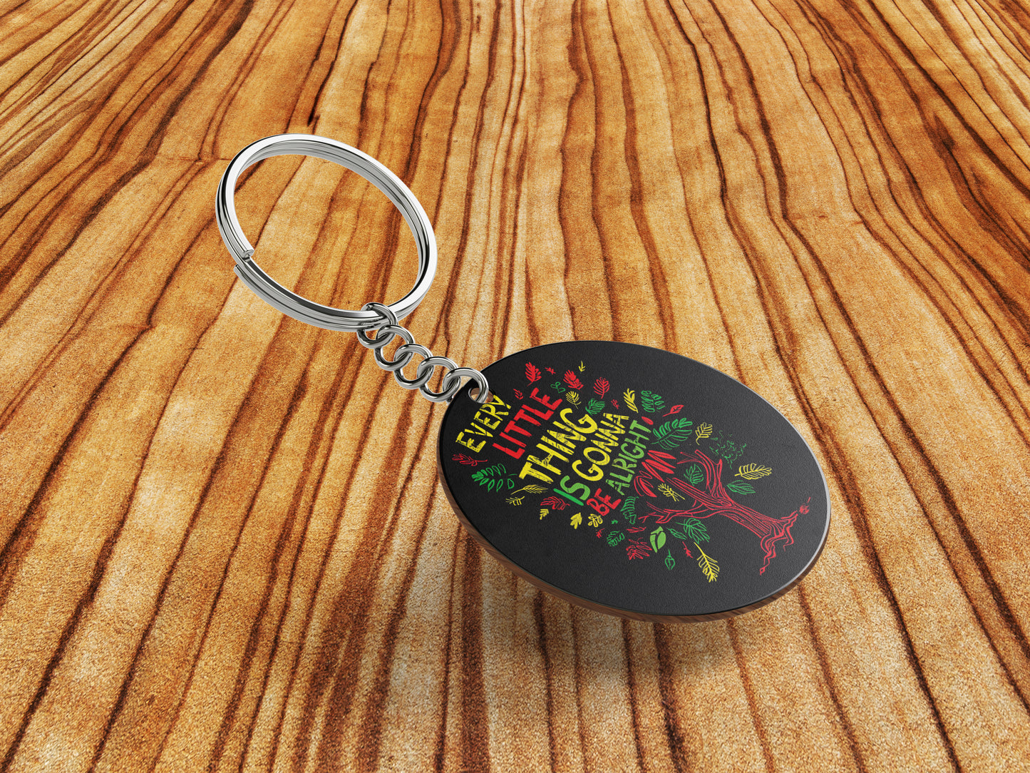 EVERY LITTLE THING IS GONNA BE ALRIGHT Printed Round Circle Shape Wooden Keyring with Chain