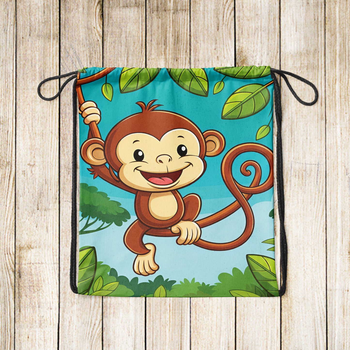 Cute Monkey Hanging on Tree Pattern Polyester String Backpack Bags for kids for Gym, Yoga, Tuition ,Beach Bag for 4-10 year boys and girls