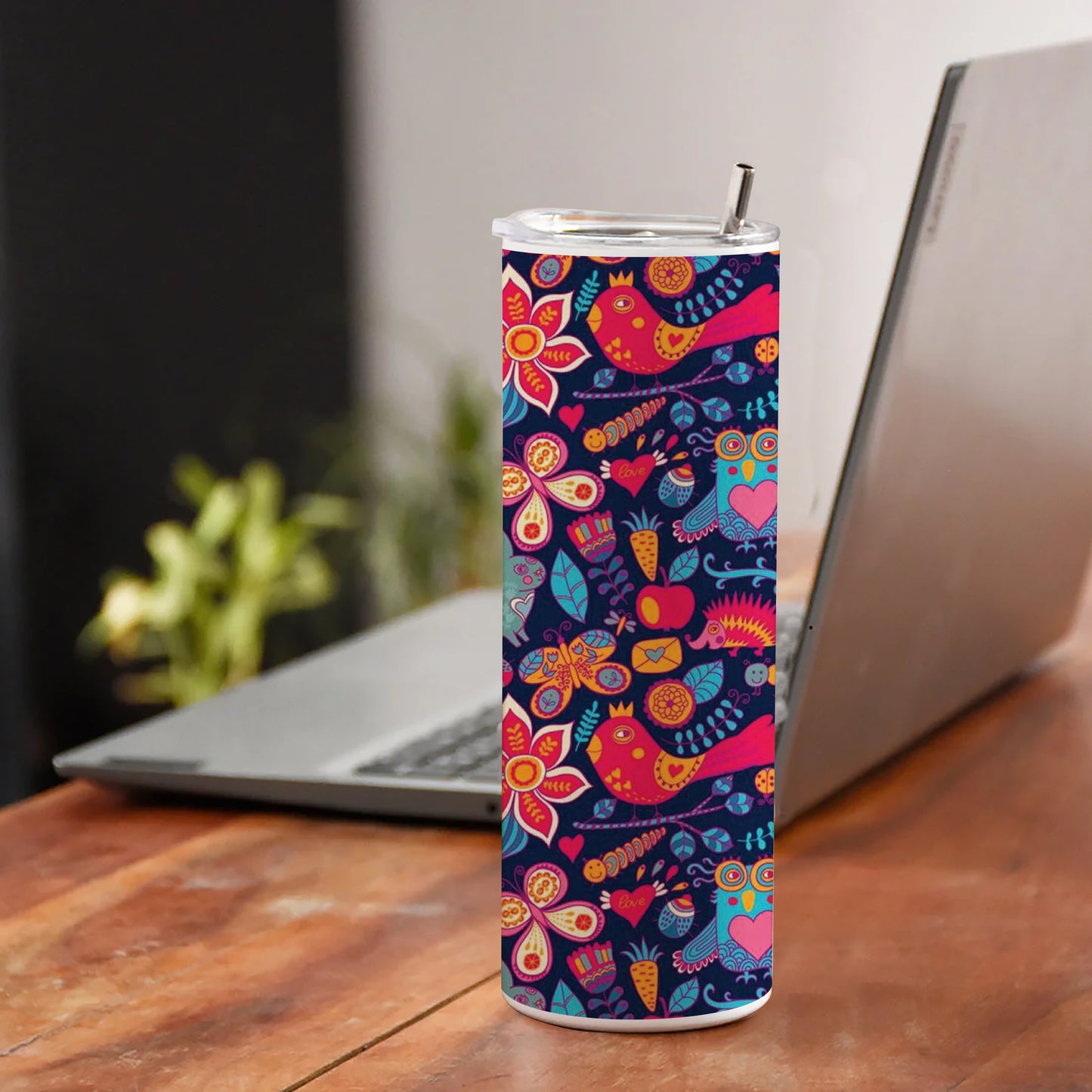 Owl, rabbit, butterfly, hedgehog Forest seamless pattern Printed 750ML with Lid Leak Proof Travel Tumbler with Straw