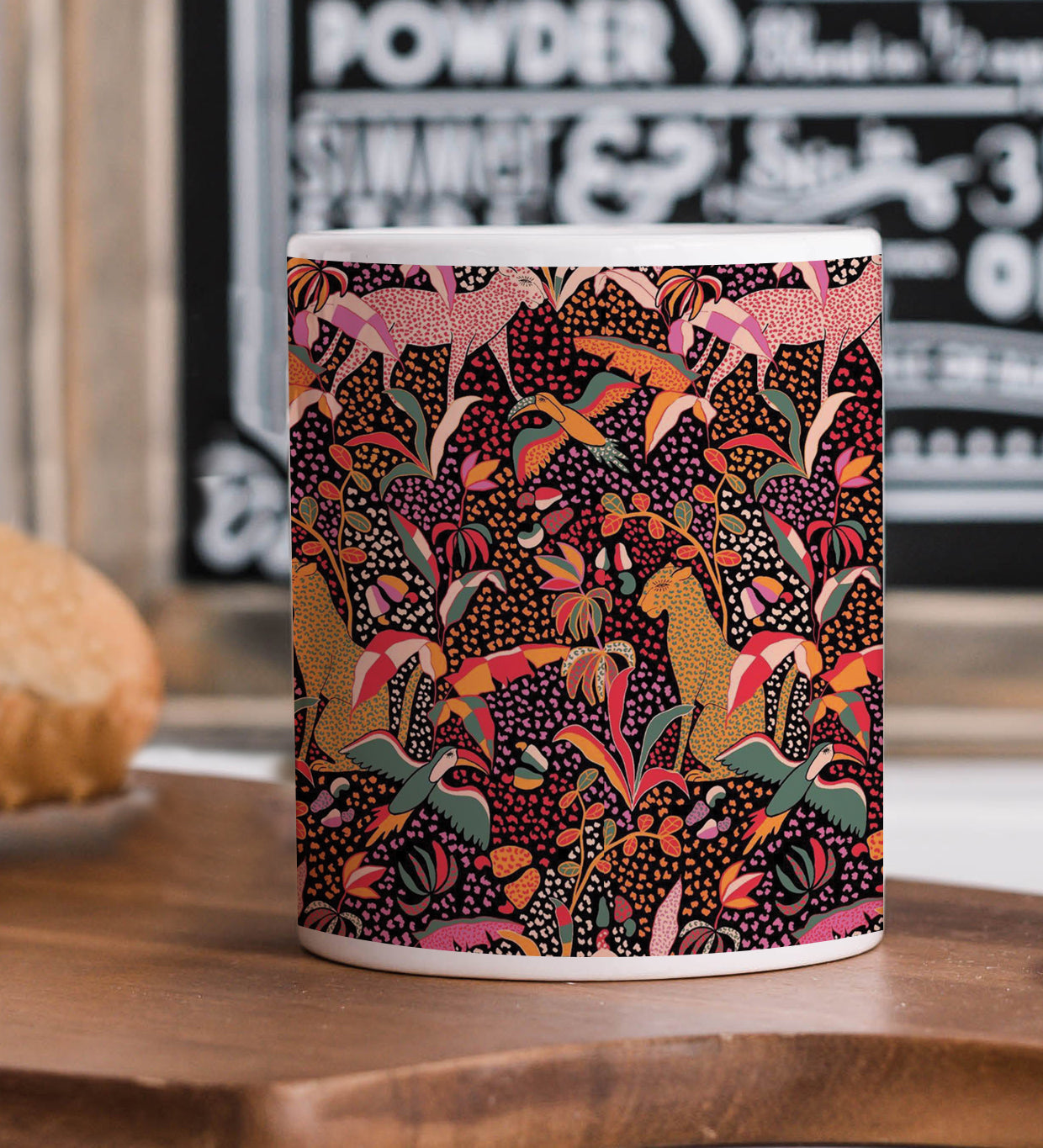 Cheetah and Flower Pattern Printed 330 ml White Coffee Mug with Square Shape Wooden Keyring and Chain