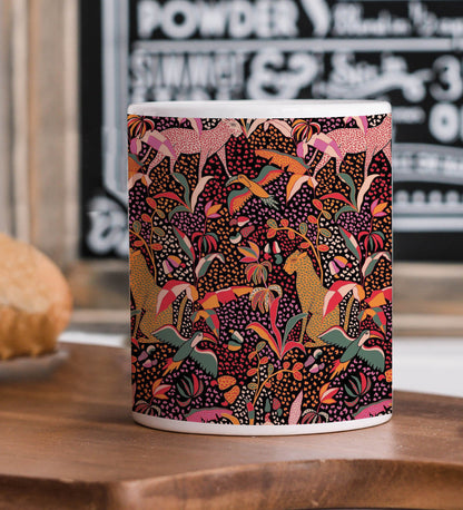 Cheetah and Flower Pattern Printed 330 ml White Coffee Mug with Square Shape Wooden Keyring and Chain