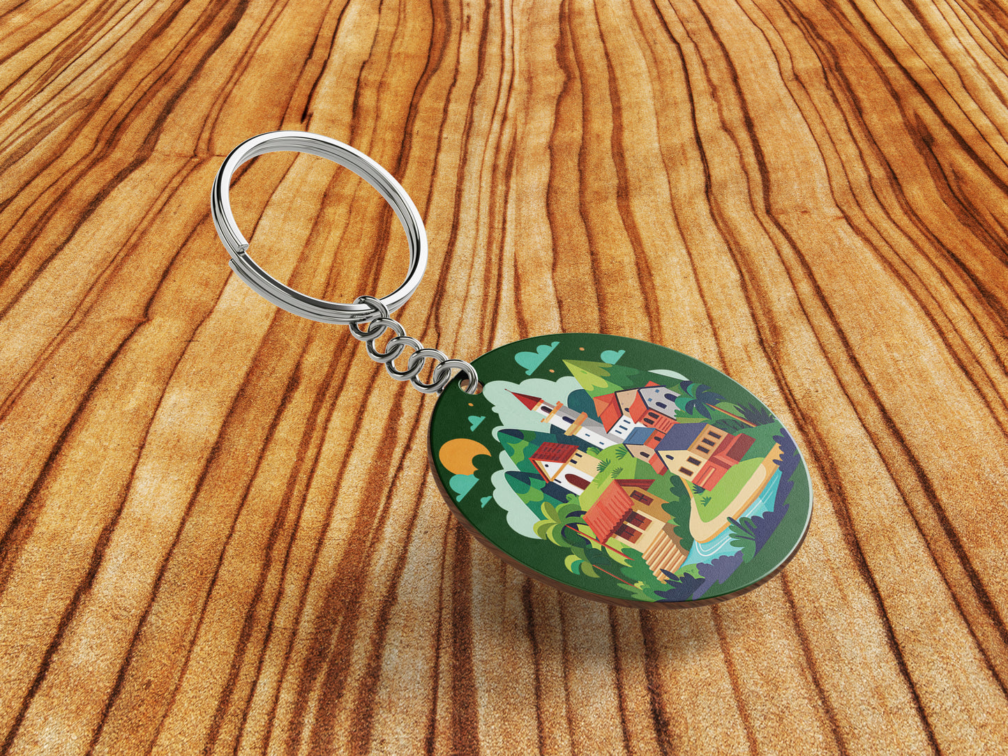 A Cartoon Illustration of a Fantasy Landscape with a Waterfall a Castle and a Mountain Printed Round Circle Shape Wooden Keyring with Chain
