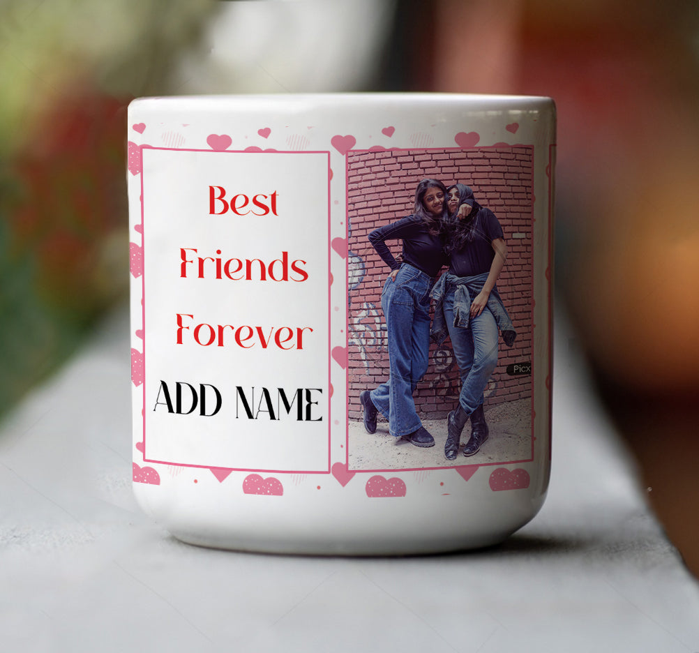Friend forever customized add two photos inner heart cut magic mug 330 ml Coffee Mug