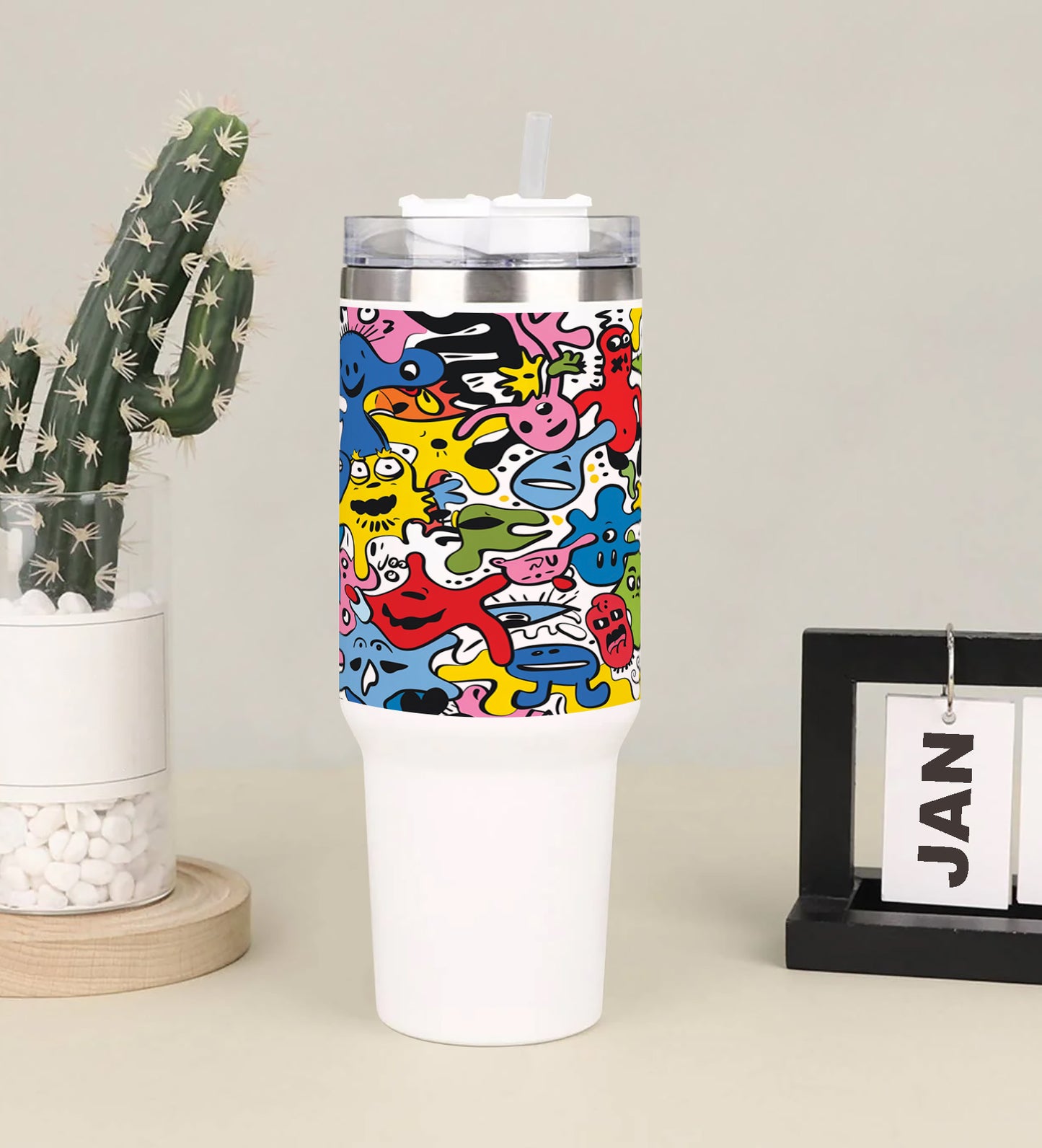 Hand drawn doodle pattern abstract design Printed 850ML with Lid Leak Proof  Big Travel Tumbler with Handle and Straw