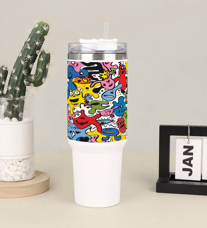 Hand drawn doodle pattern abstract design Printed 850ML with Lid Leak Proof  Big Travel Tumbler with Handle and Straw