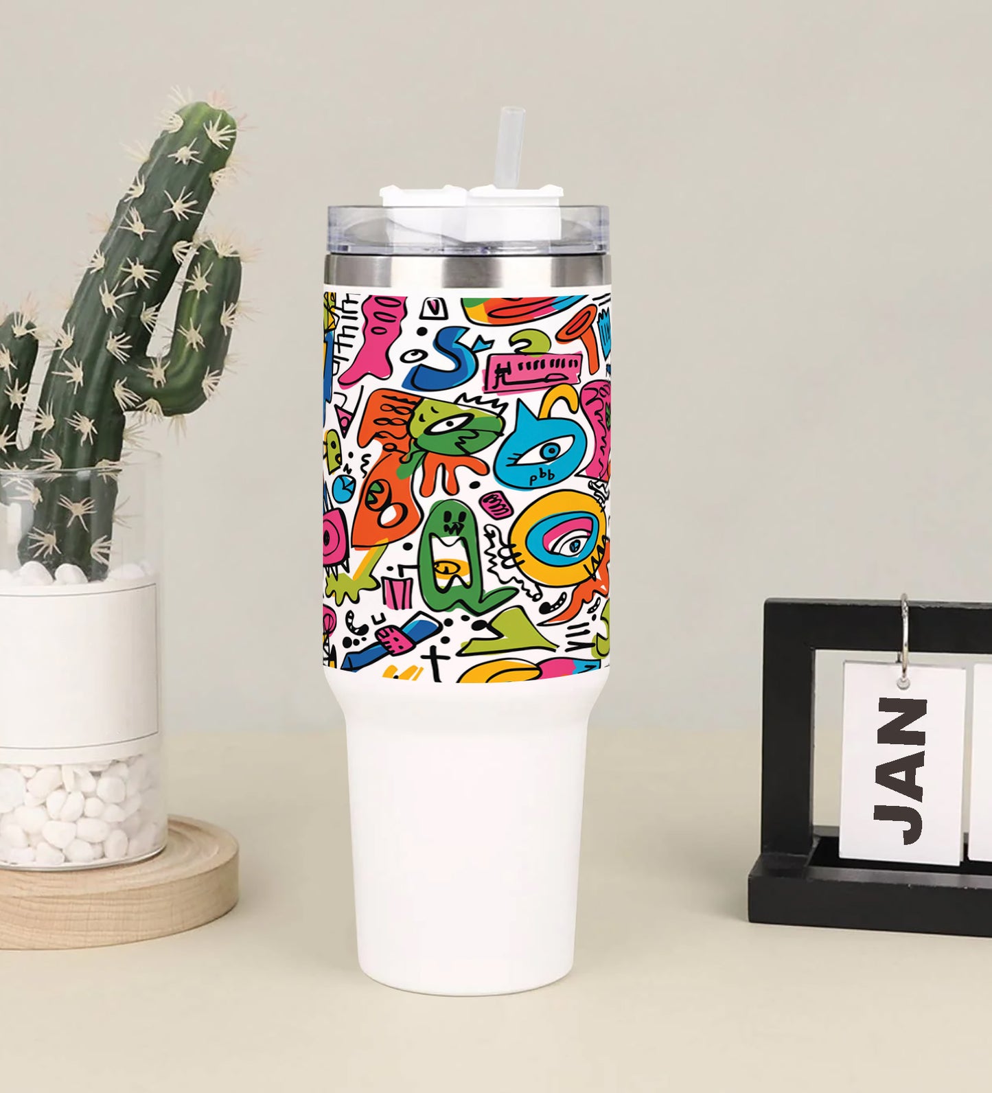 A colorful pattern Printed 850ML with Lid Leak Proof Big Travel Tumbler with Handle and Straw