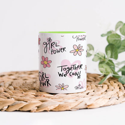 Cute pink flower and heart drawings Seamless pattern Light Green Handle 330 ml Coffee Mug