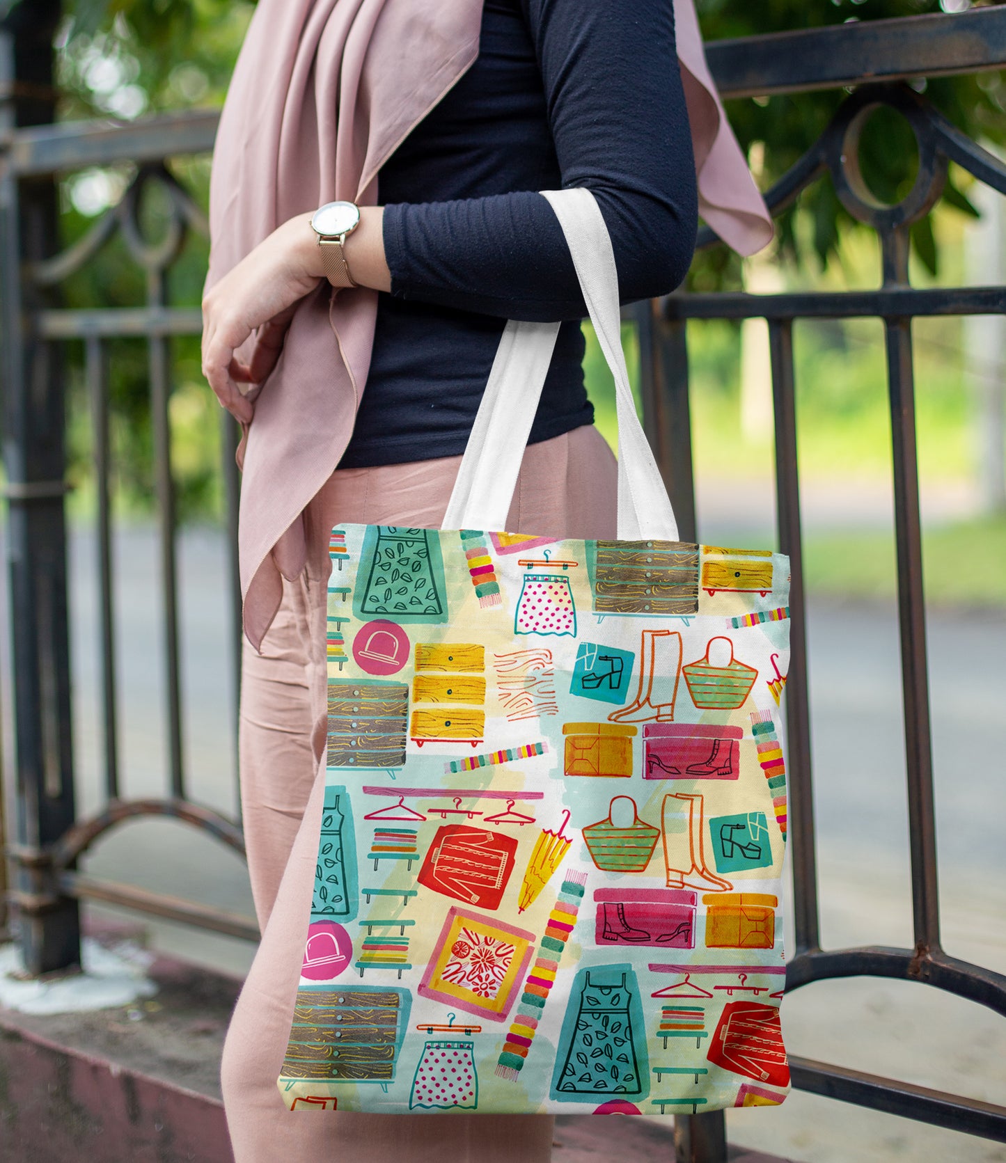 Watercolor Seamless pattern Printed Design White Tote Bag  (14 X 16 Inches) For Shopping, College, Travel