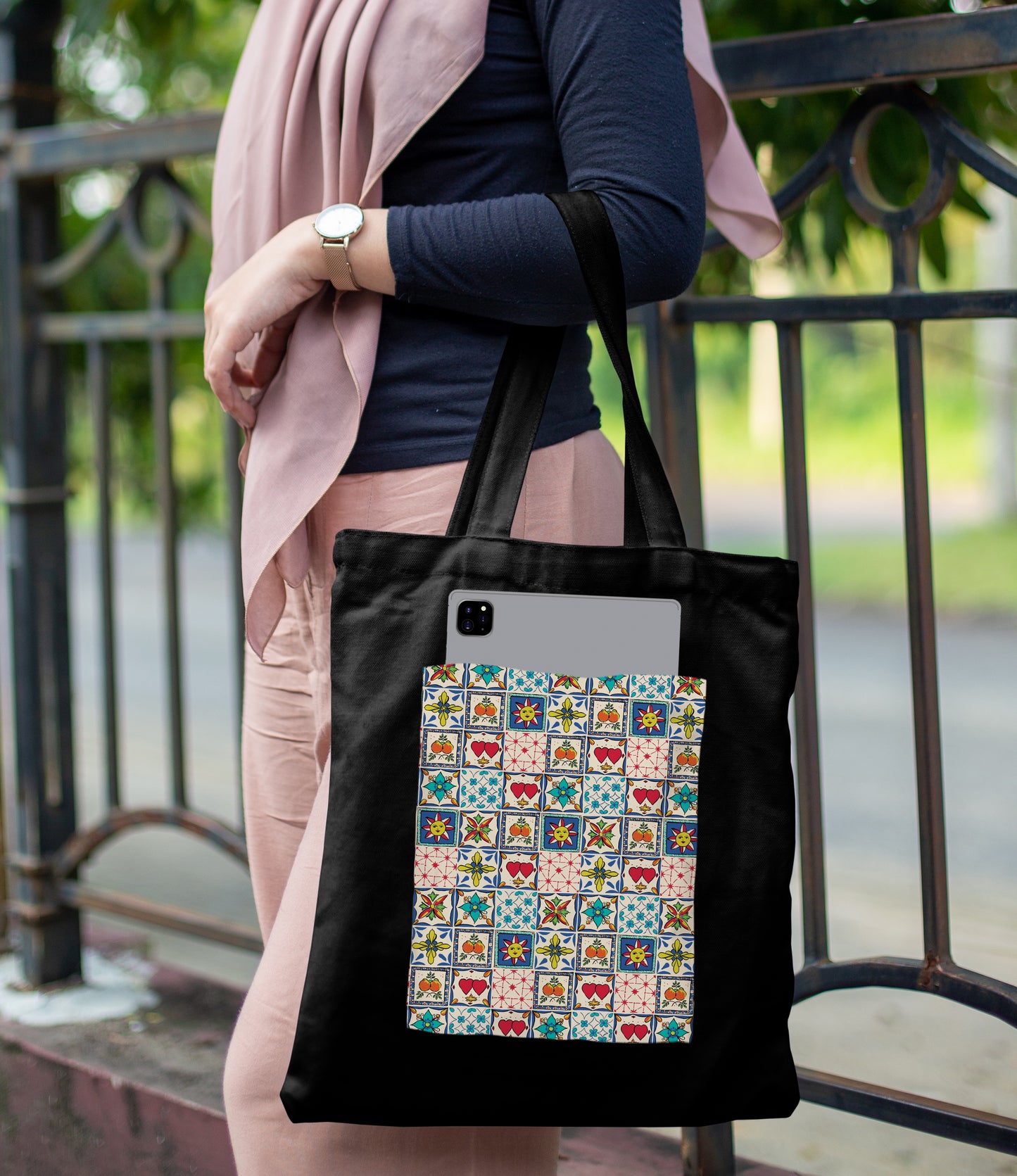 Colorful tile hearts and flowers Design Printed Black Patch With Pocket Tote Bag (14 X 16 Inches) For Shopping, College, Travel