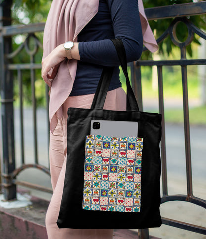 Colorful tile hearts and flowers Design Printed Black Patch With Pocket Tote Bag (14 X 16 Inches) For Shopping, College, Travel