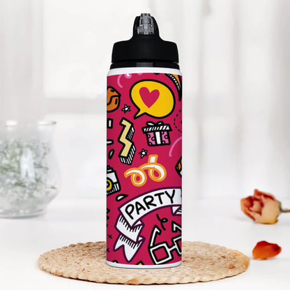 Set of Party illustration Hand drawn doodle Sketch line Printed Black Nozzle Water Bottle 750 ml For Gym, Yoga, Kids, Boys, Girls, Brother, Sister, Babies, Baby, Workout, Adults