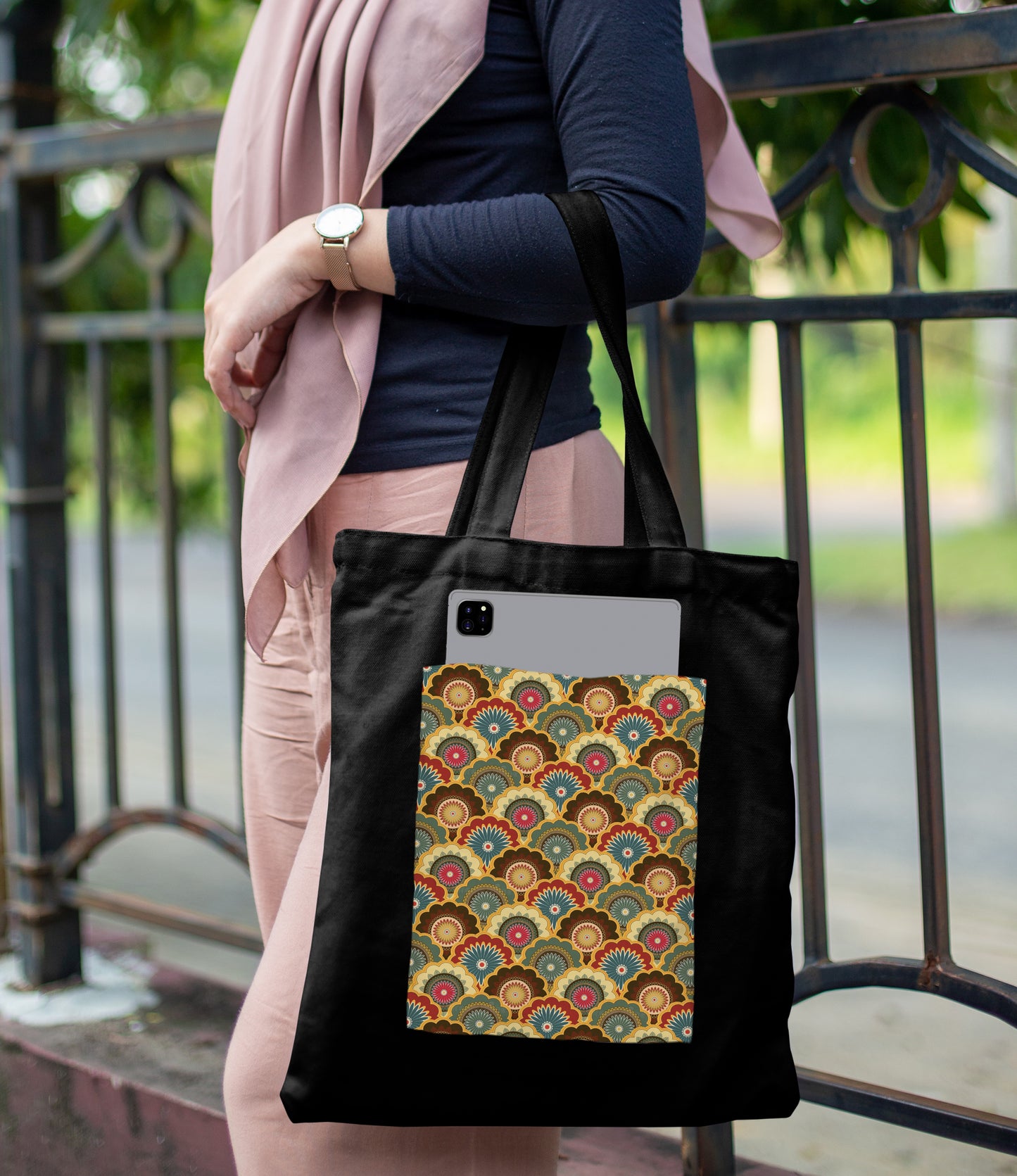 Colorful mandala seamless illustration Design Printed Black Patch With Pocket Tote Bag (14 X 16 Inches) For Shopping, College, Travel