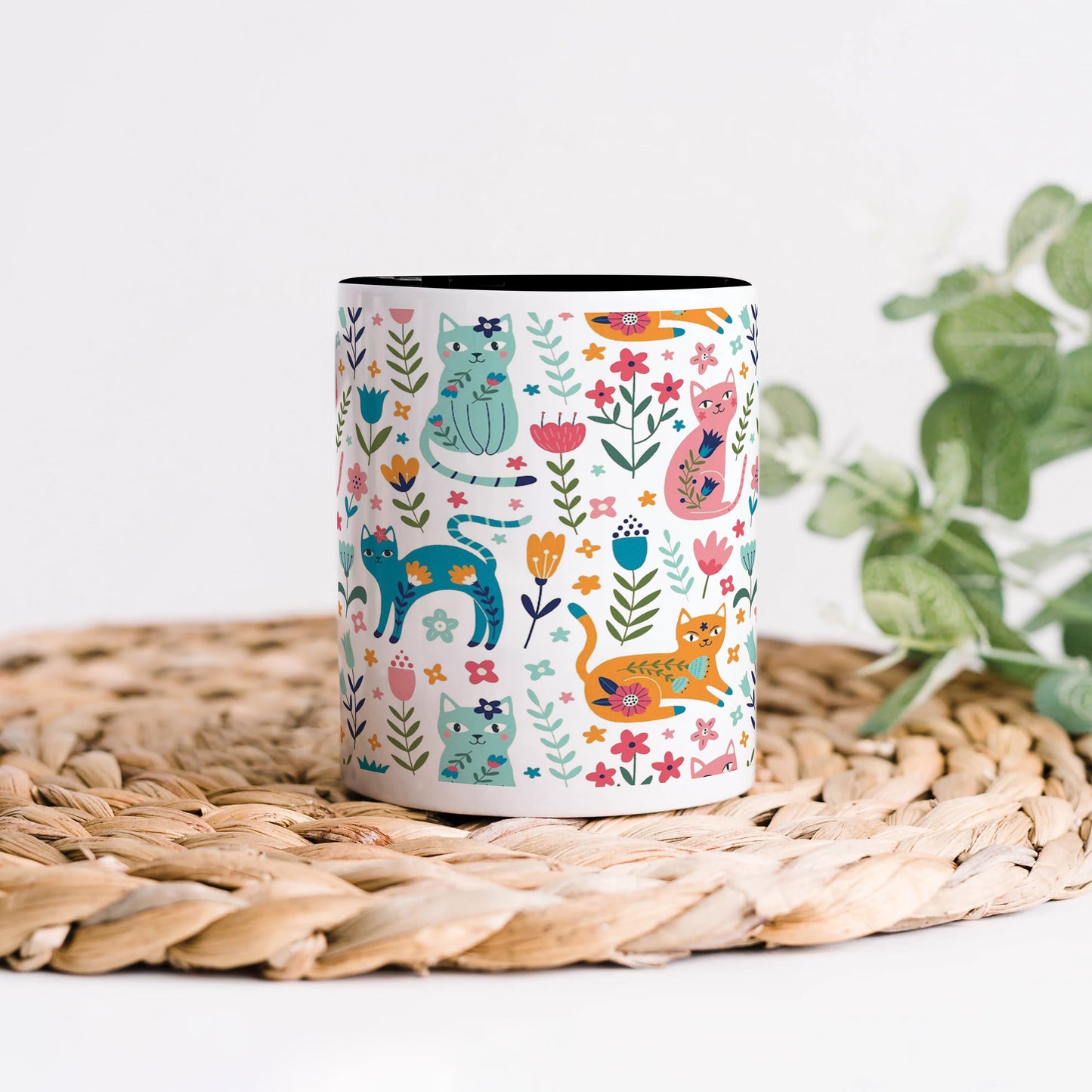 Vector seamless pattern with flowers and cats Cute Flower Cats in cartoon style  330 ml Coffee Mug