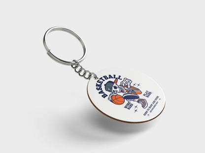 Basketball Skeleton Playing Basketball Halloween Printed Circle Shape Wooden Keyring with Chain