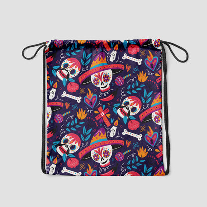 Hand Drawn Mexican Skull Pattern Polyester String Backpack Bags for kids for Gym, Yoga, Tuition ,Beach Bag for 4-10 year boys and girls