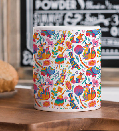 Seamless Animals, Flowers and Leaves Pattern Printed 330 ml White Coffee Mug with Square Shape Wooden Keyring and Chain