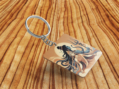 Maha Shivratri Lord Shiva Artwork, Mahadev illustration Printed Square Shape Wooden Keyring with Chain