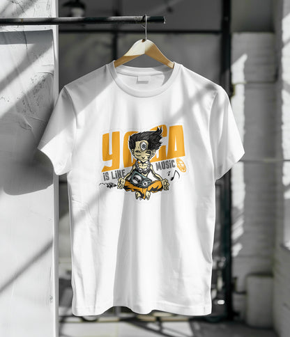 International Yoga Day Young Boy Meditation in Music Poster Vector illustration Printed White Round Neck Polyester T Shirt for Mens and woman's