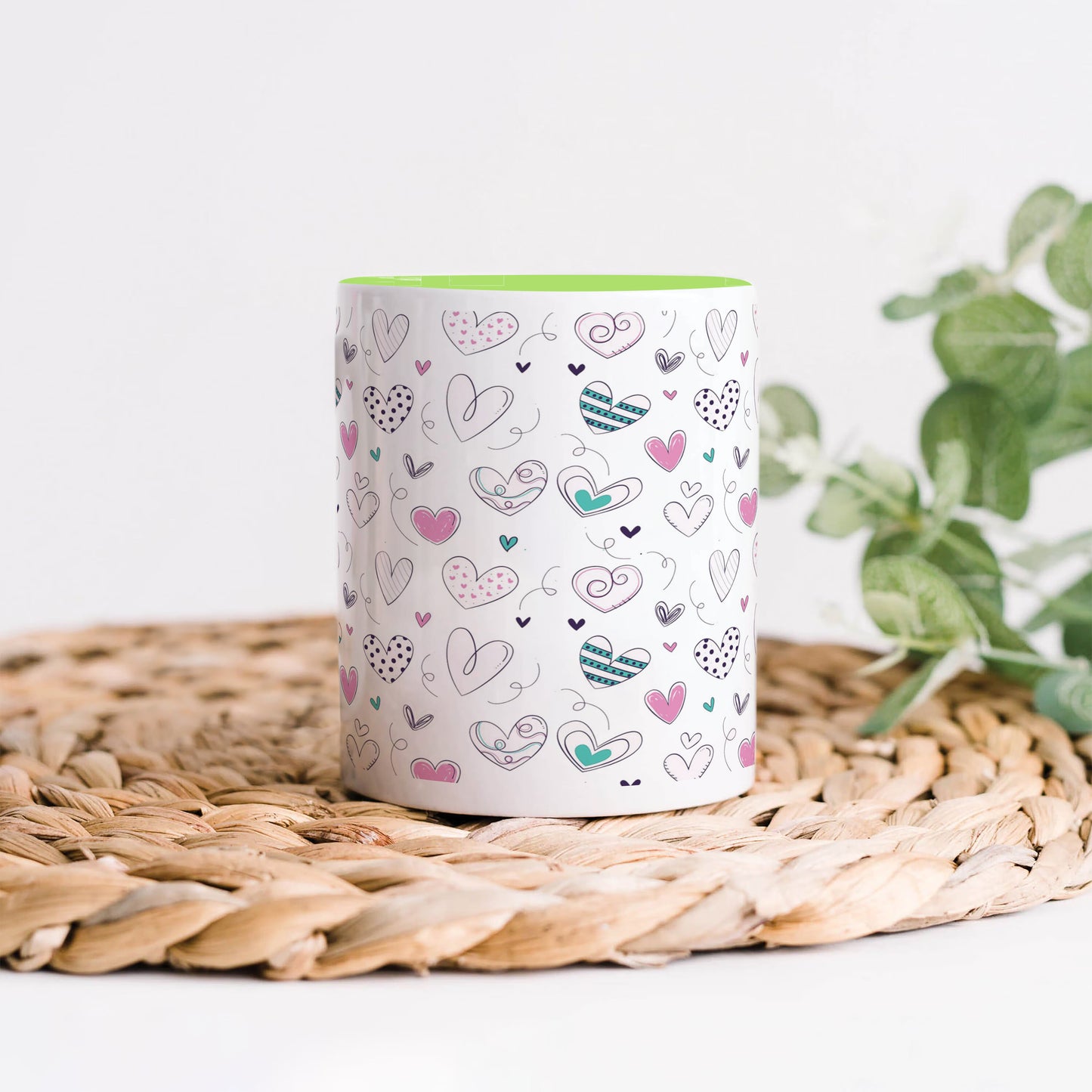 Pretty hearts pattern design Light Green Handle 330 ml Coffee Mug