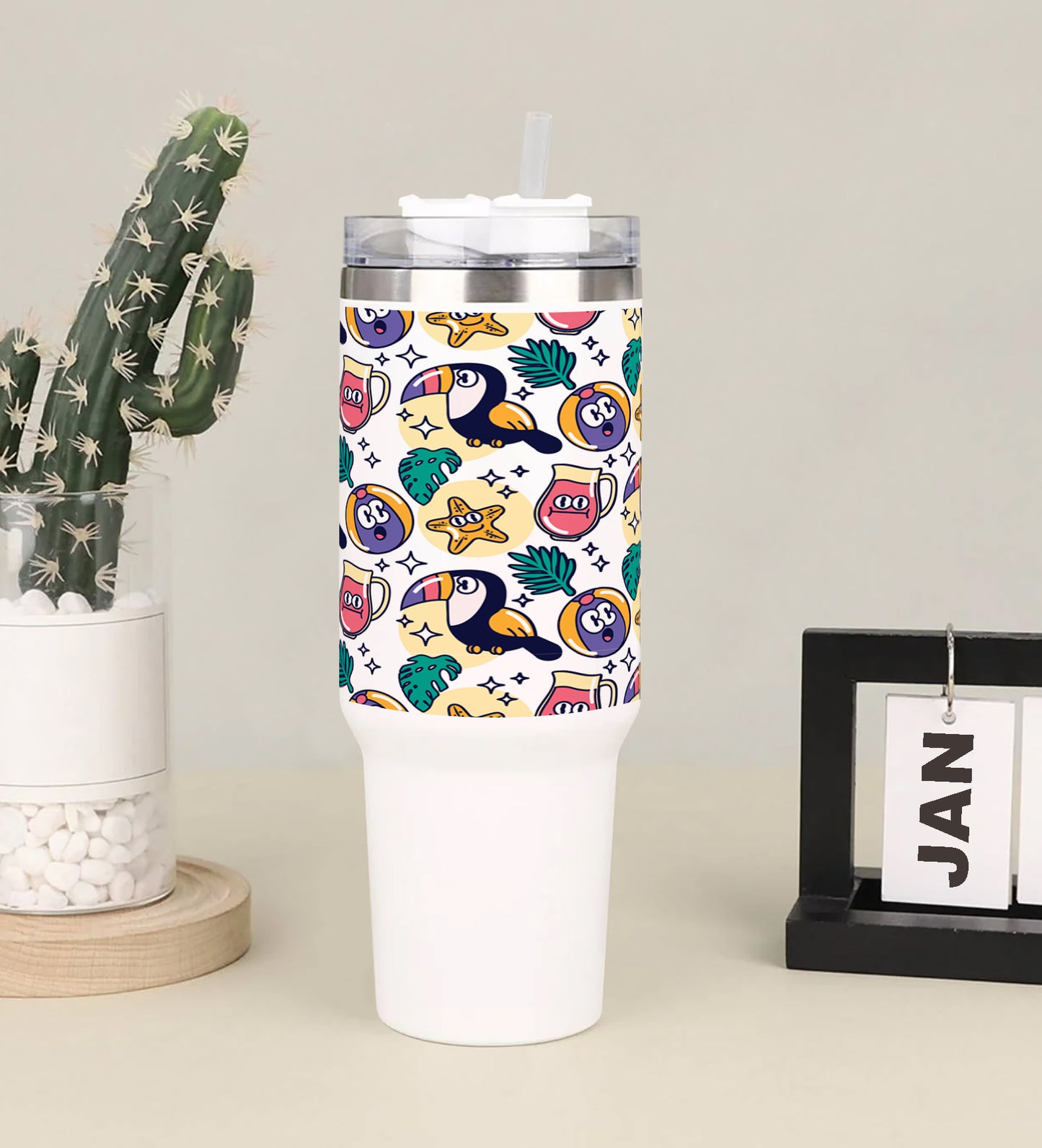 Flat summer pattern design Printed 850ML with Lid Leak Proof Big Travel Tumbler with Handle and Straw