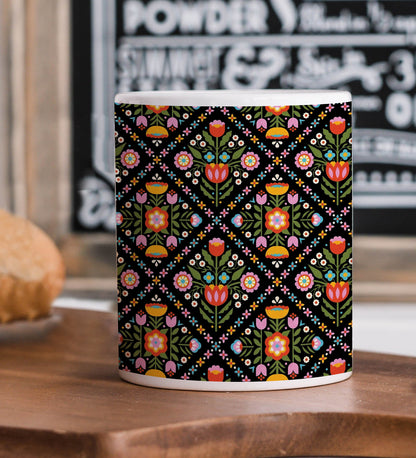 Folk Art Flower Patterns Printed 330 ml White Coffee Mug with Square Shape Wooden Keyring and Chain