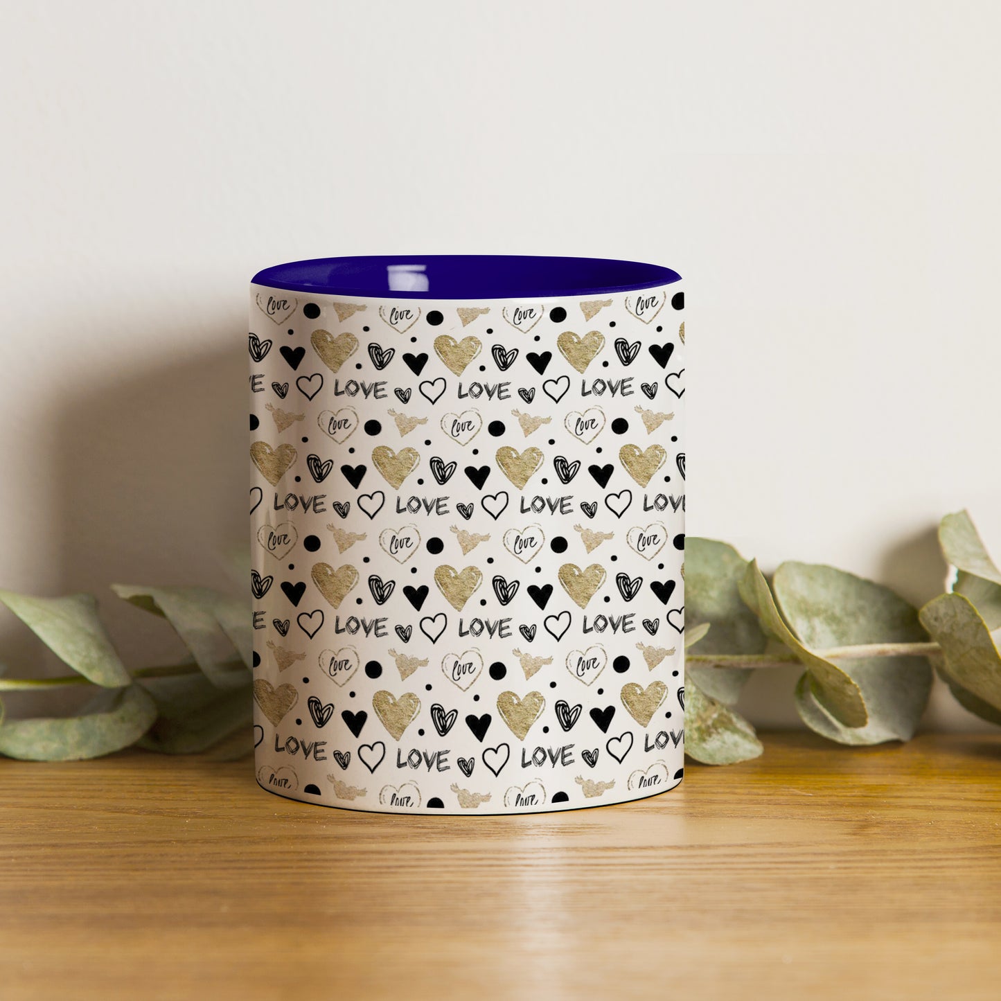 Hand drawn golden and black hearts pattern design Pattern Dark Blue Handle 330 ml Coffee Mug