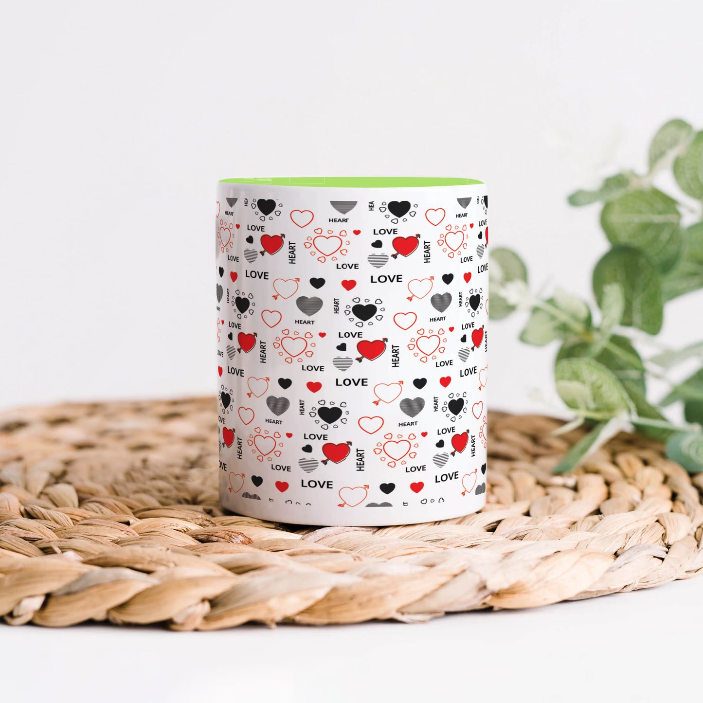 Romantic Hand Drawn Elements With Love Lettering design Light Green Handle 330 ml Coffee Mug