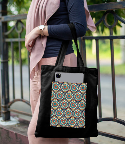 Ethnic mandala ornament illustration Design Printed Black Patch With Pocket Tote Bag (14 X 16 Inches) For Shopping, College, Travel