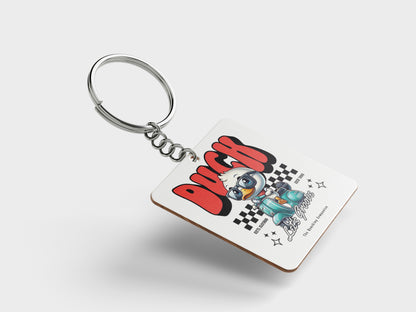 Duck - Lets Groove Design Printed Square Shape Wooden Keyring with Chain