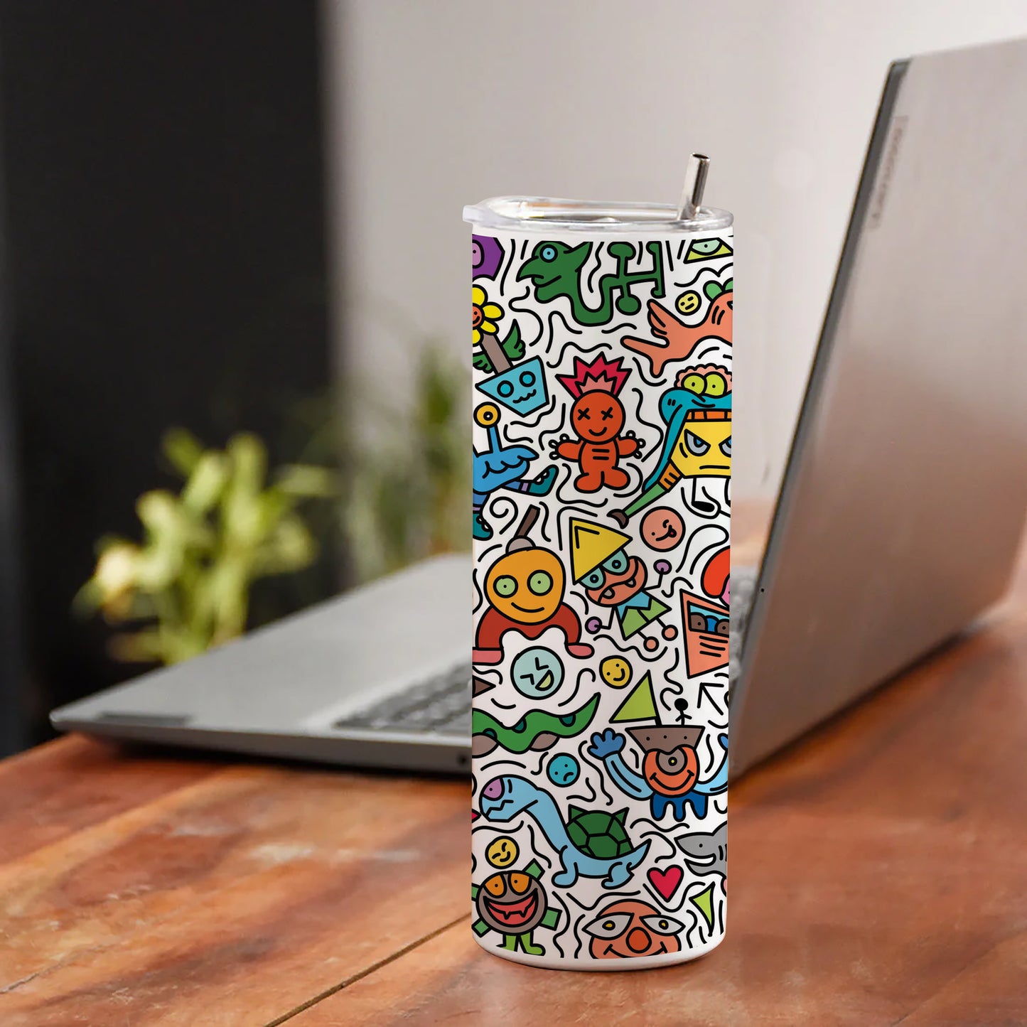 Cute colorful doodle pattern Printed 750ML with Lid Leak Proof Travel Tumbler with Straw